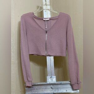 ROMWE PINK FRONT ZIP V NECK WAFFLE CROP TOP SZ SMALL